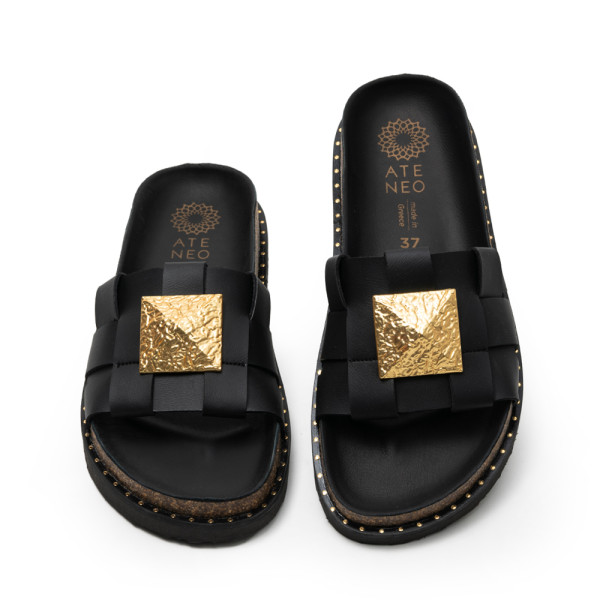 Ateneo 6504-01 Δερμάτινο Σανδάλι Μαύρο